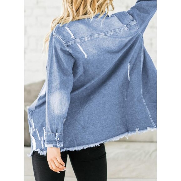 Women's Oversized Denim Jacket Casual Long Sleeve Distressed Blue Jean - Picture 2 of 7